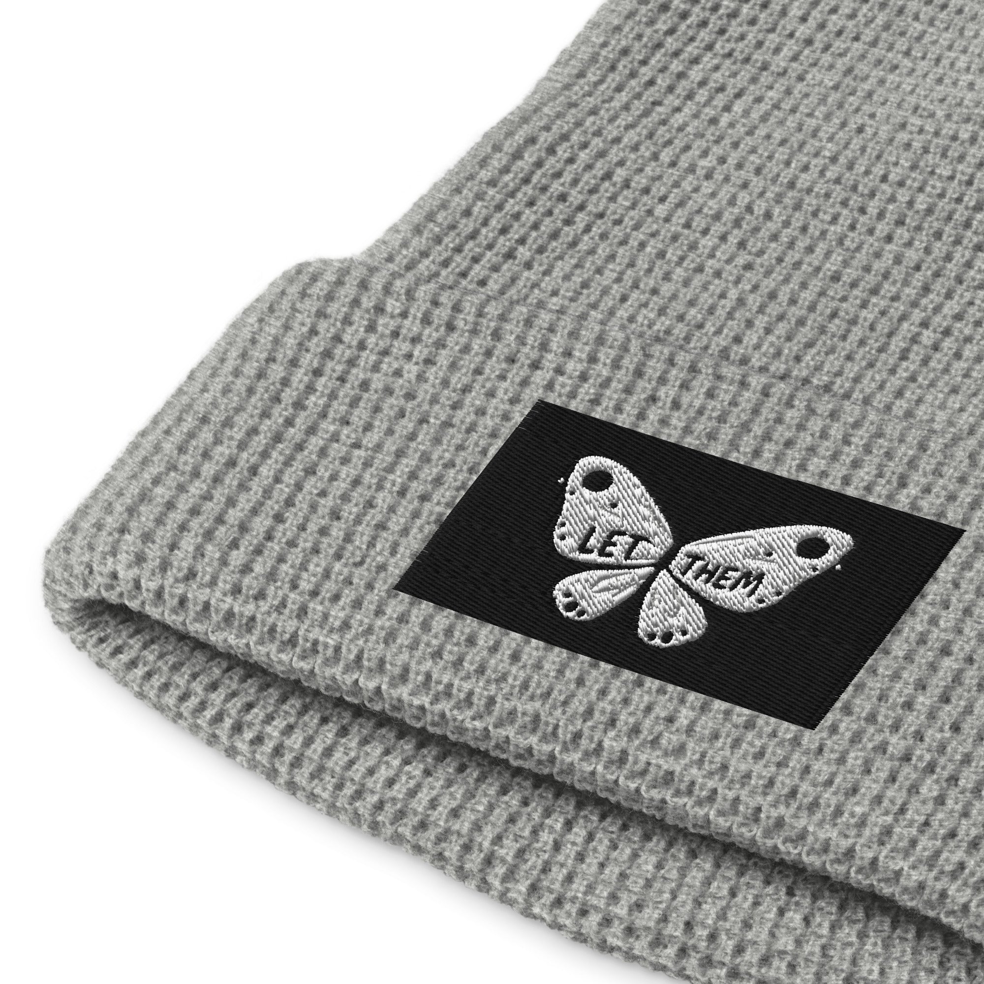 LuckeLadybug gray waffle beanie with butterfly patch stylish winter beanie for women