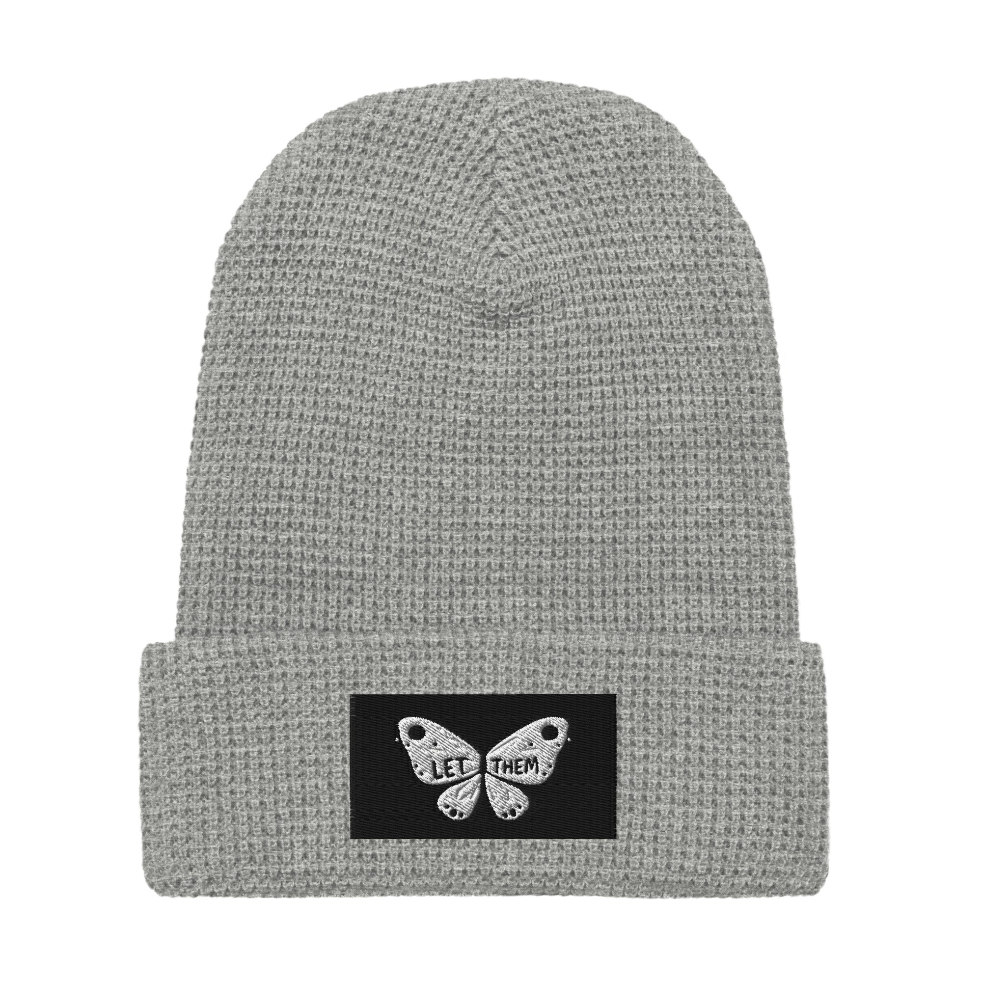 LuckeLadybug grey waffle beanie with butterfly patch stylish winter beanie for women