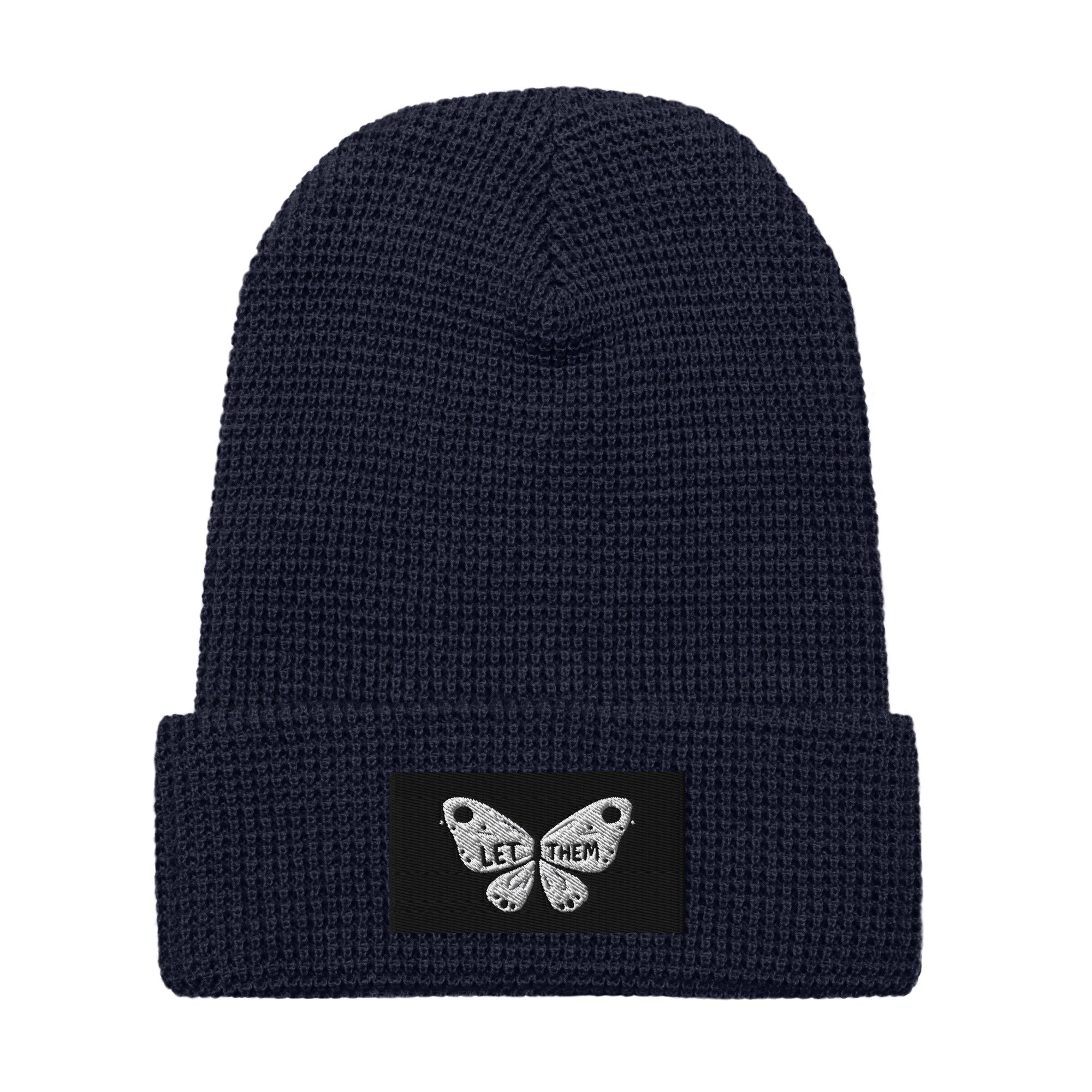 LuckeLadybug waffle beanie in dark navy with butterfly patch, stylish winter beanie for women