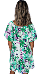 LuckeLadybug green floral mini dress back view with off shoulder puff sleeves and ruffle hem