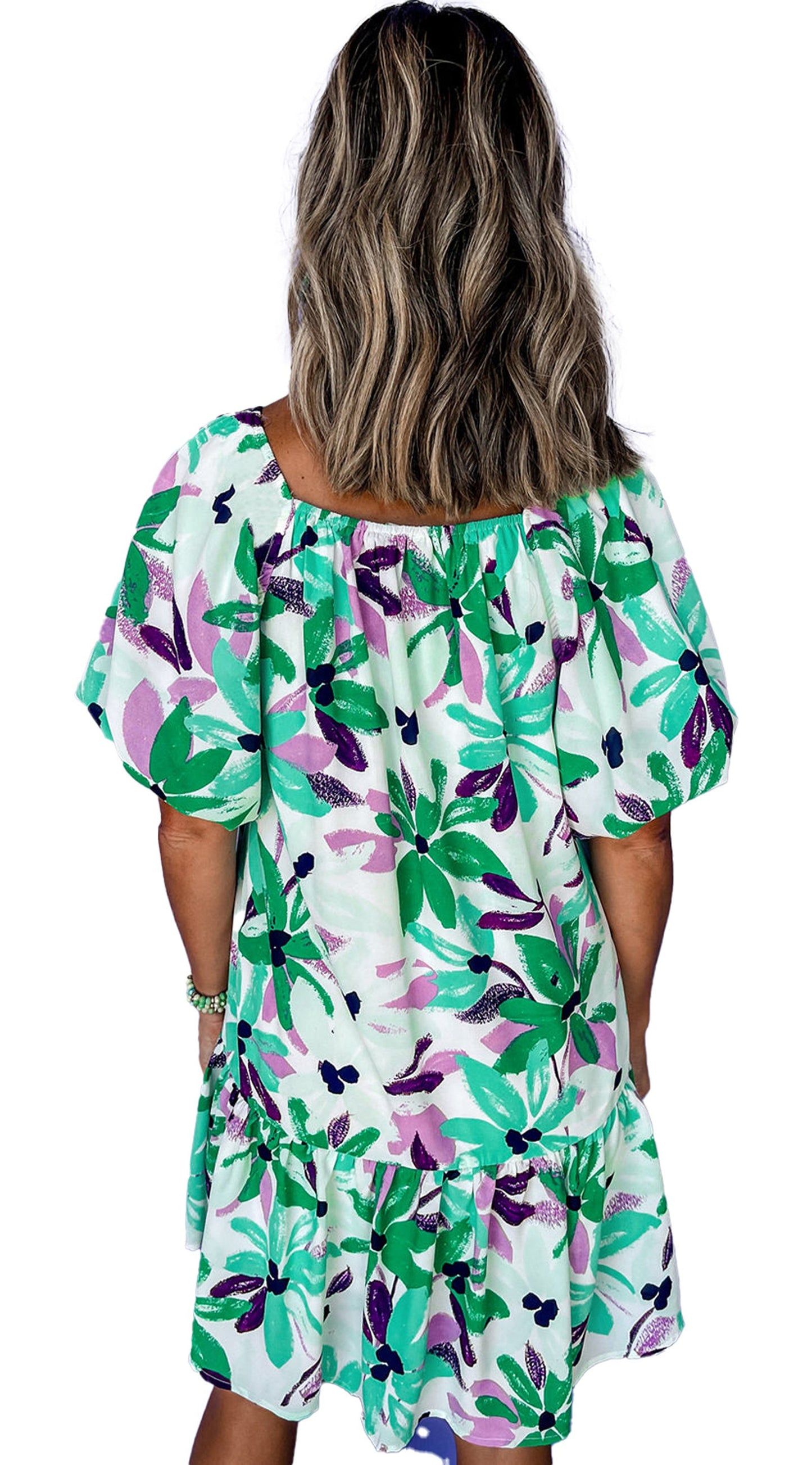 LuckeLadybug green floral mini dress back view with off shoulder puff sleeves and ruffle hem