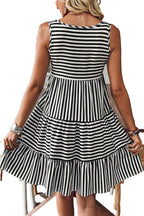 LuckeLadybug black striped mini dress sleeveless tiered A line summer casual day dress shown from back