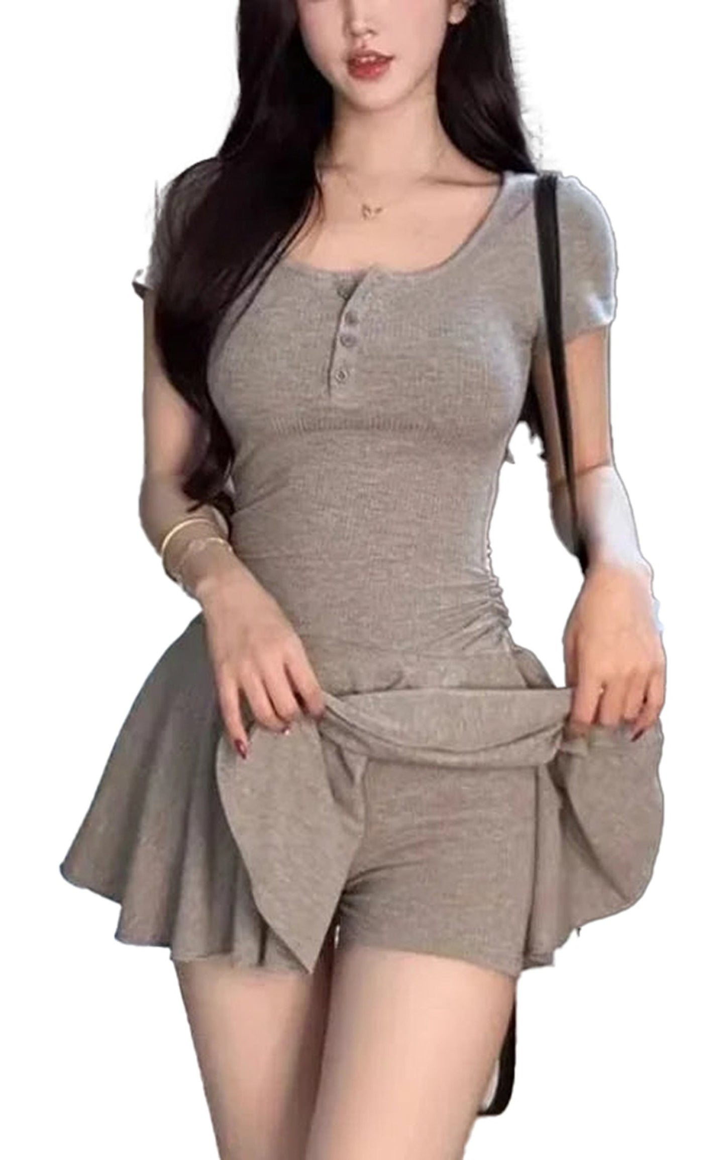 Gray summer mini dresses for women with a fitted top and flared skirt for a stylish summer look