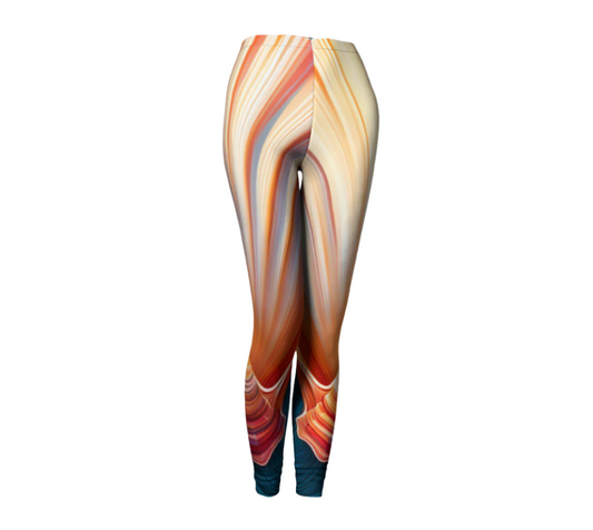 Luckeladybug summer seashell print leggings with vibrant orange and beige shell design