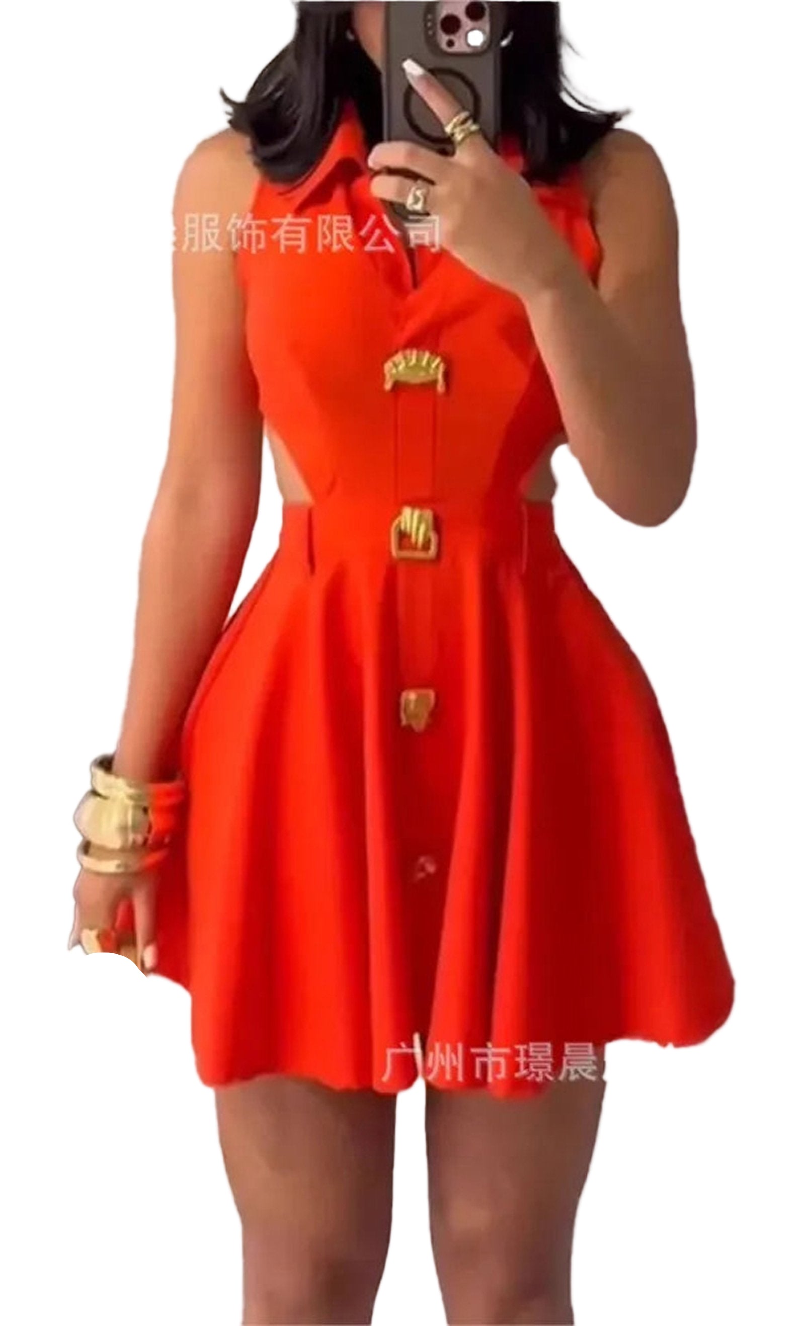 Bright red summer sleeveless mini dress for women with button details and flared skirt