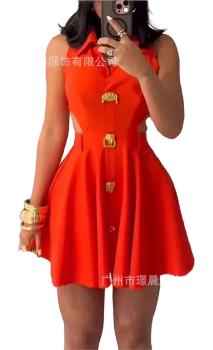 Bright red summer sleeveless mini dress for women with button details and flared skirt