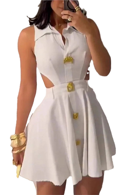 LuckeLadybug LLC summer sleeveless mini dress for women in white with cut-out sides and button details