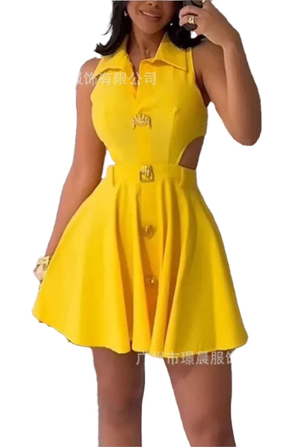 Bright yellow summer sleeveless mini dress for women with a stylish cut and button details