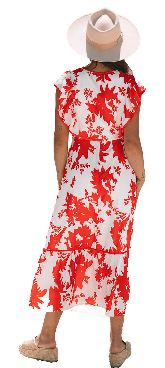 Back view of LuckeLadybug red floral print long dress A line midi with flutter sleeves and waist tie