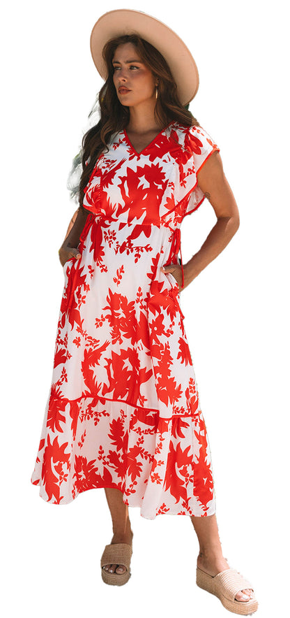 LuckeLadybug A Line red floral print long dress with V neck cap sleeves tiered skirt model wearing sun hat