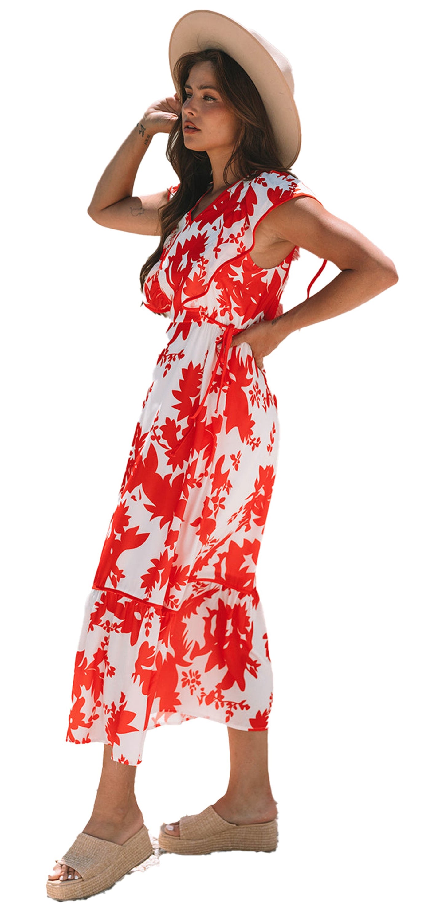 LuckeLadybug A Line red floral print long dress with cinched waist and tiered skirt styled with straw hat and wedges