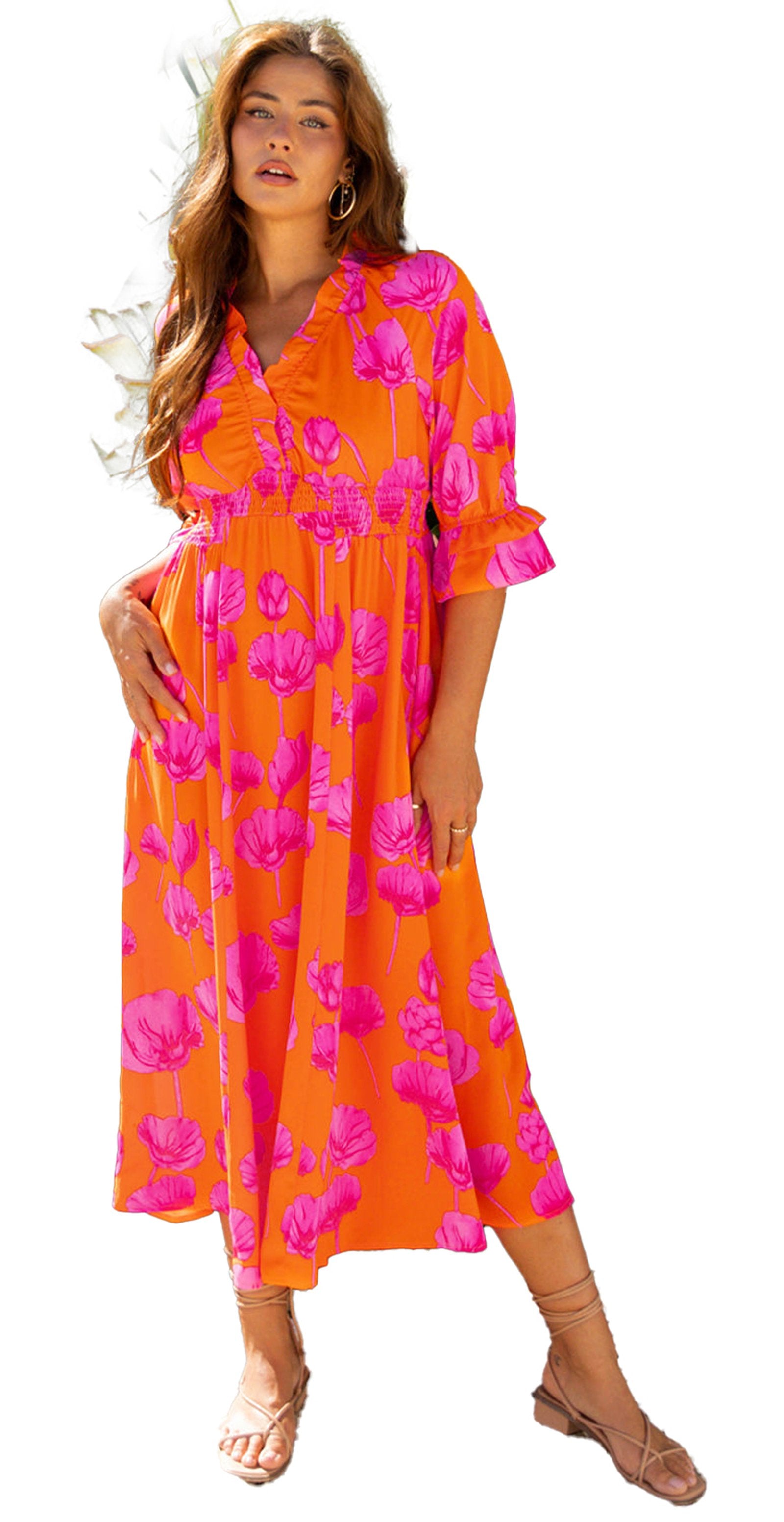 LuckeLadybug orange floral smocked dress midi length V neck ruffle sleeves smocked waist lightweight summer dress
