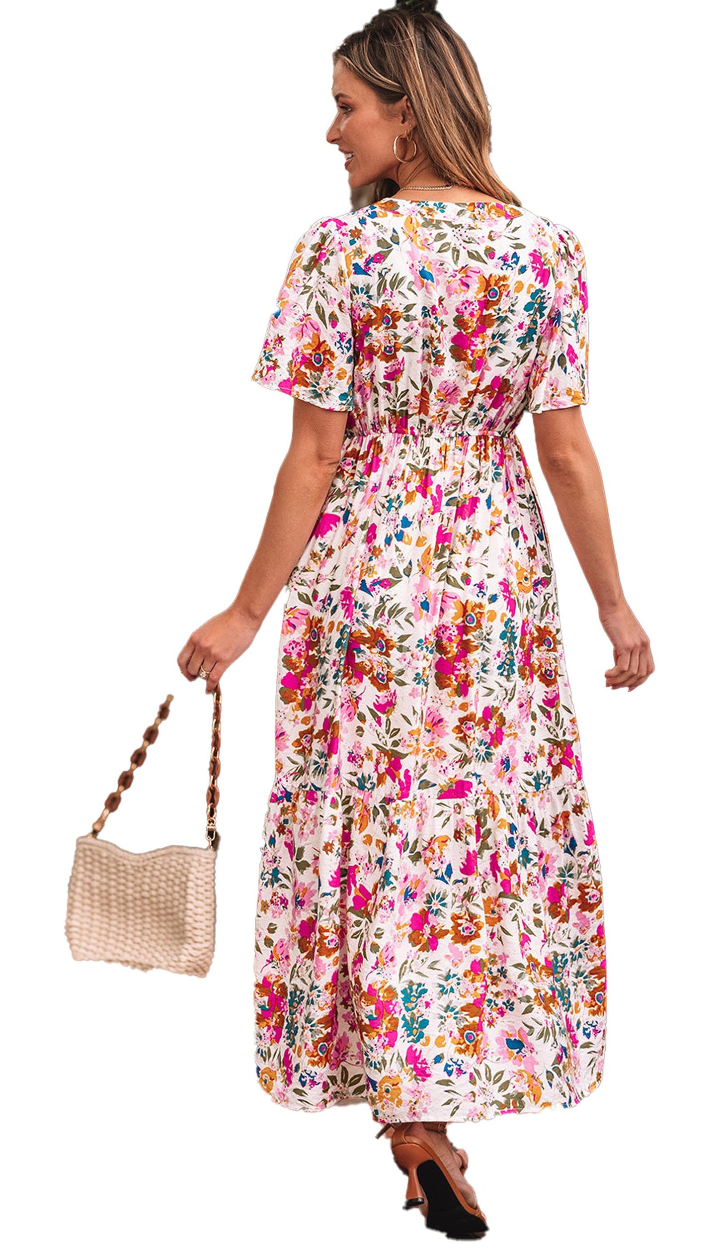 LuckeLadybug red floral maxi dress with smocked waist short sleeves and tiered skirt worn by woman