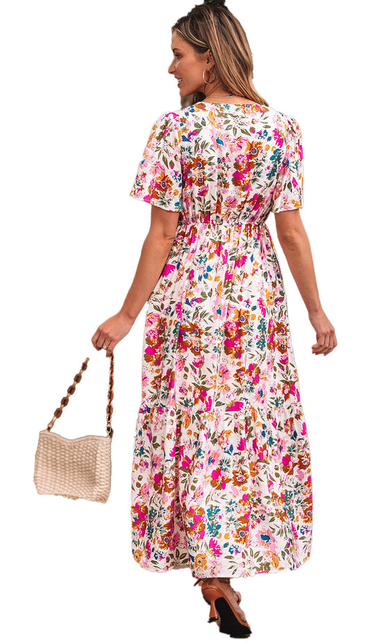 LuckeLadybug red floral maxi dress with smocked waist short sleeves and tiered skirt worn by woman