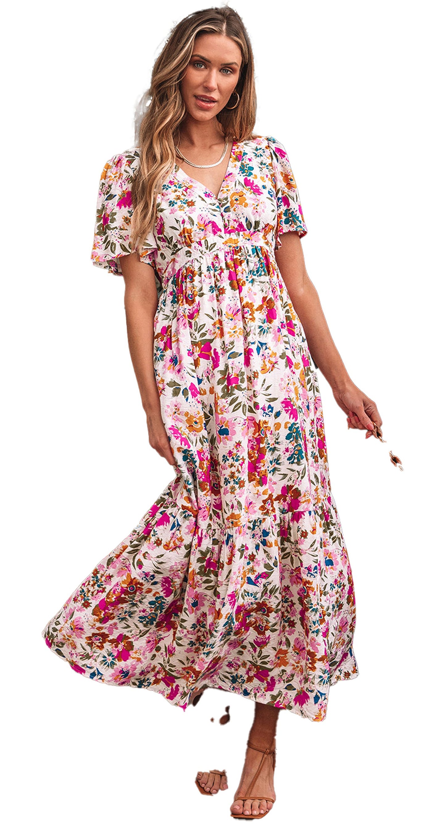 LuckeLadybug model wearing red floral maxi dress with V neck short sleeves tiered skirt and straw bag