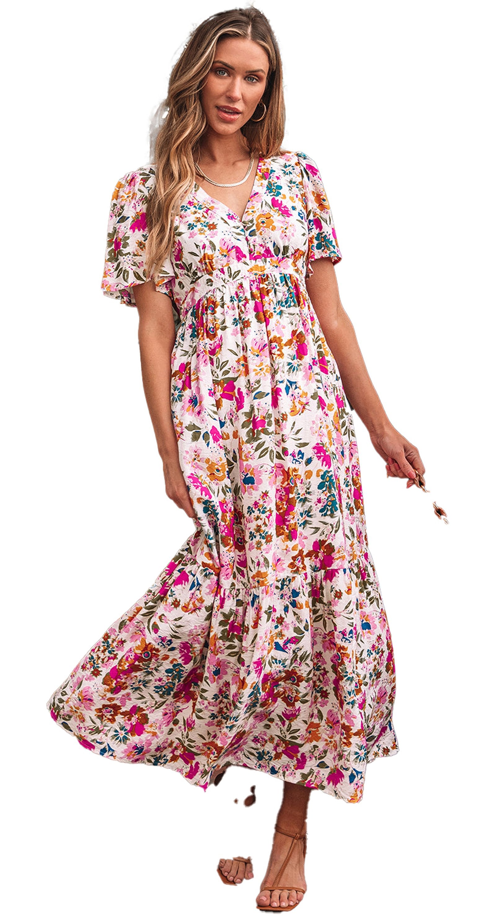 LuckeLadybug model wearing red floral maxi dress with V neck short sleeves tiered skirt and straw bag