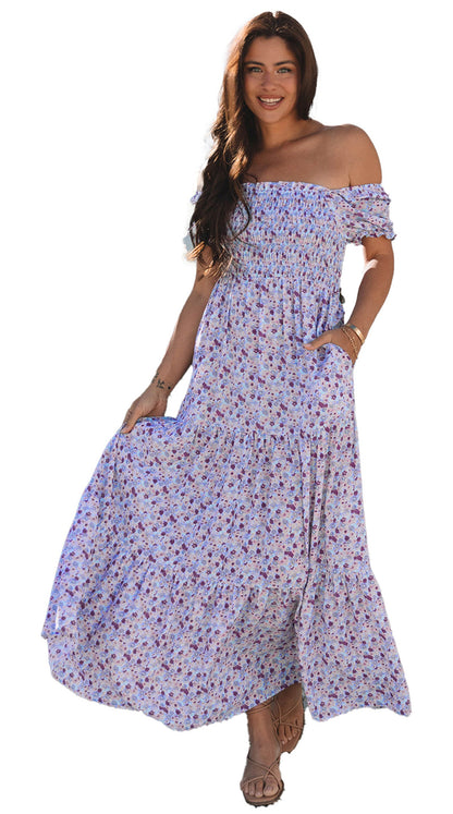 LuckeLadybug off shoulder purple floral maxi dress with smocked bodice pockets and tiered skirt