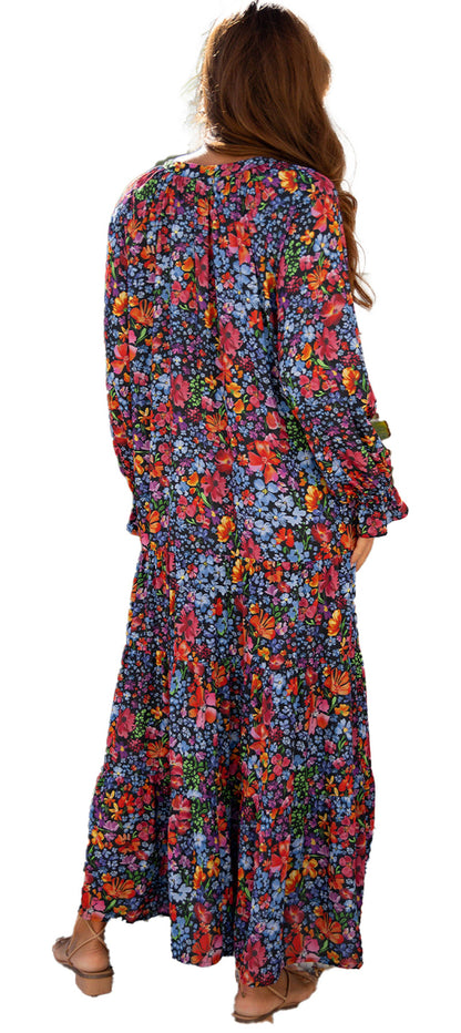 LuckeLadybug blue floral maxi dress with tassel tie back view tiered skirt long sleeves for resort