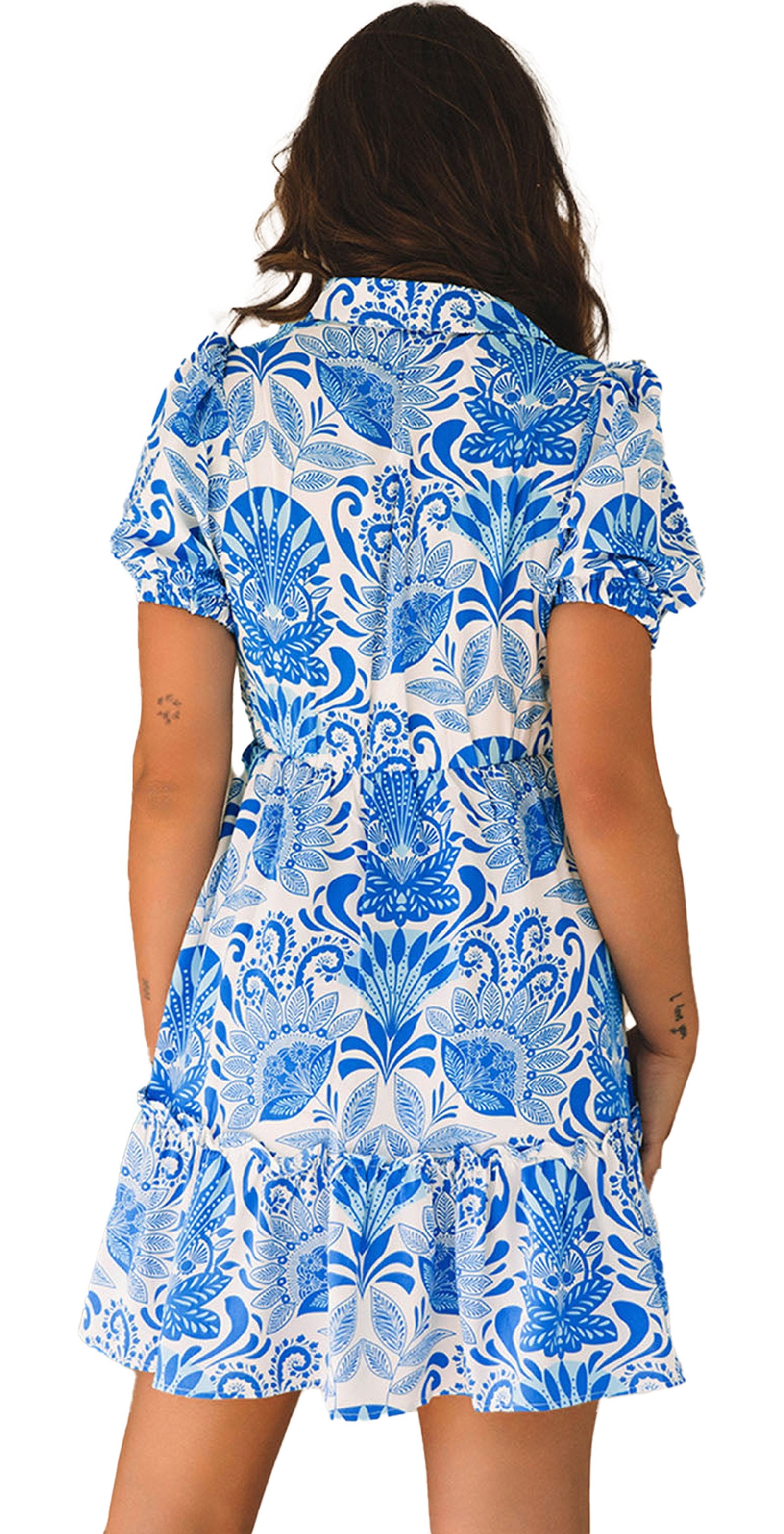 LuckeLadybug sky blue floral mini dress back view short sleeve ruffle hem casual summer outfit