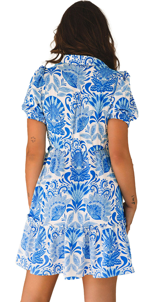 LuckeLadybug sky blue floral mini dress back view short sleeve ruffle hem casual summer outfit