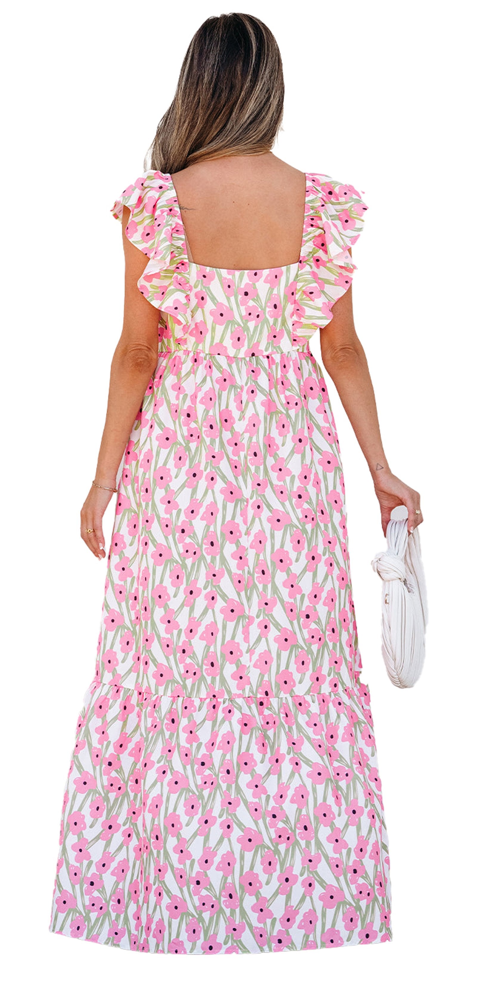 LuckeLadybug pink floral maxi dress back view with ruffle sleeves square open back and tiered skirt