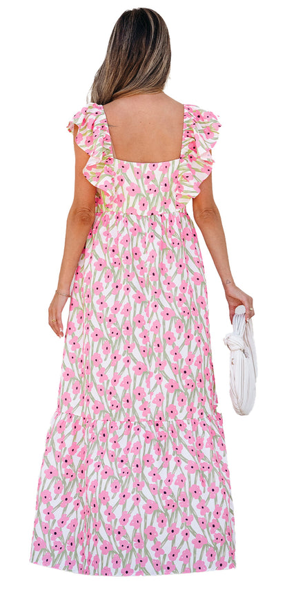 LuckeLadybug pink floral maxi dress back view with ruffle sleeves square open back and tiered skirt