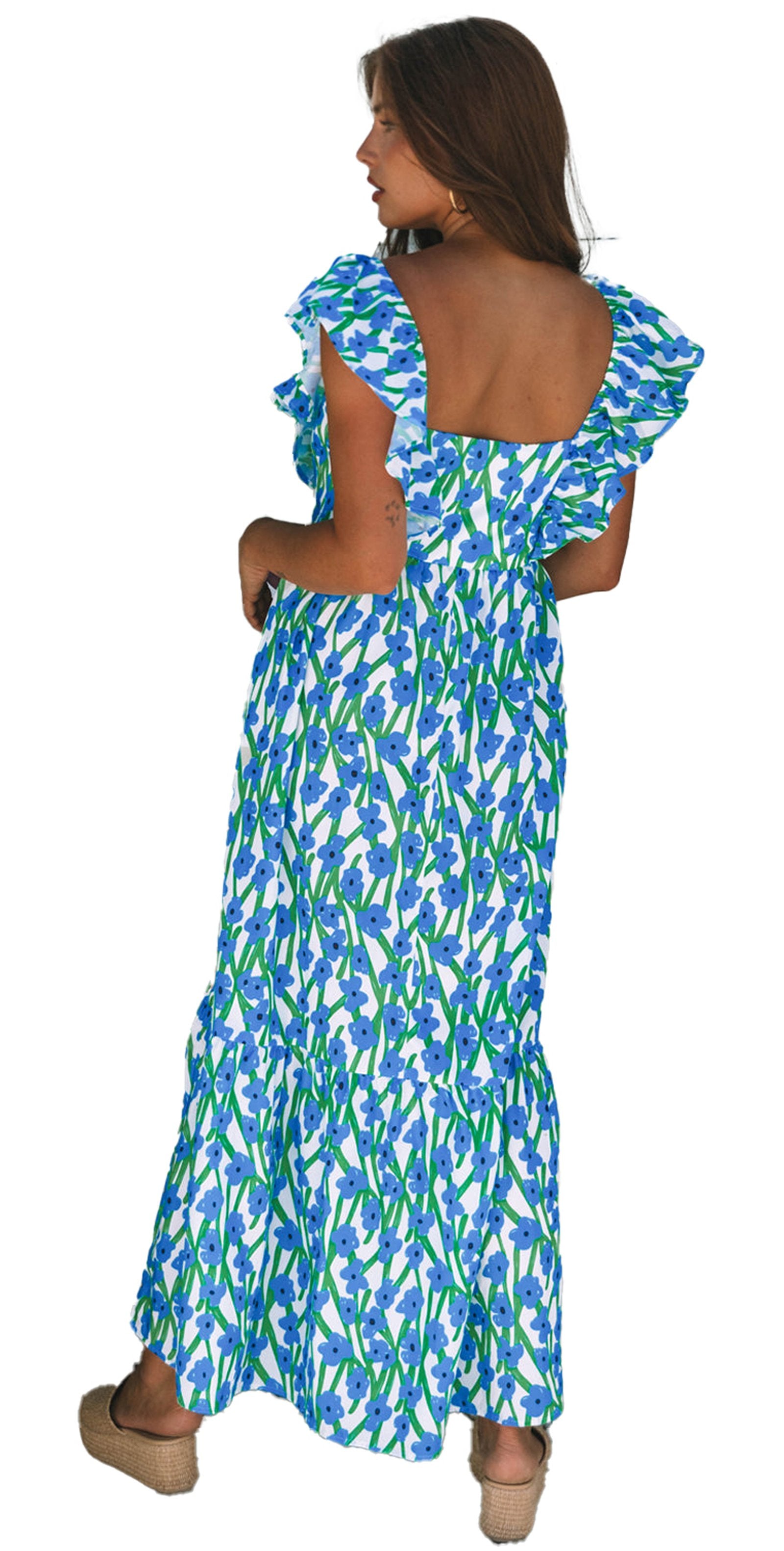 LuckeLadybug pink floral maxi dress shown in blue green floral variant with ruffle sleeves and open back