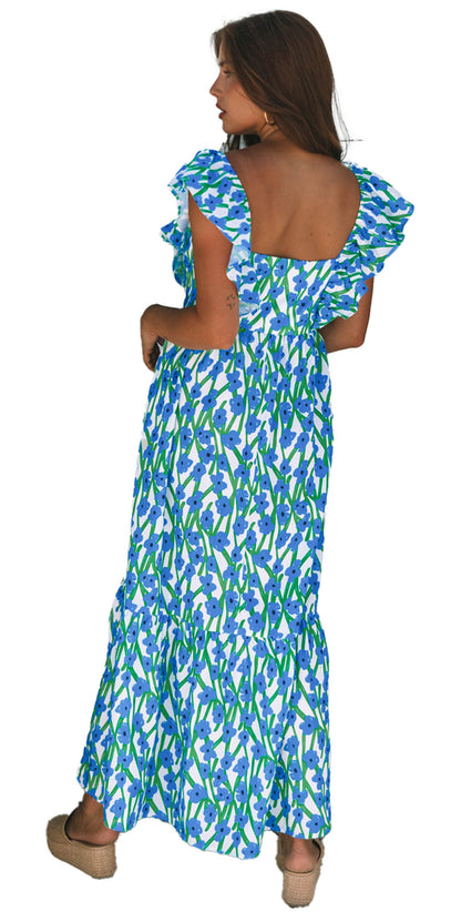 LuckeLadybug pink floral maxi dress shown in blue green floral variant with ruffle sleeves and open back