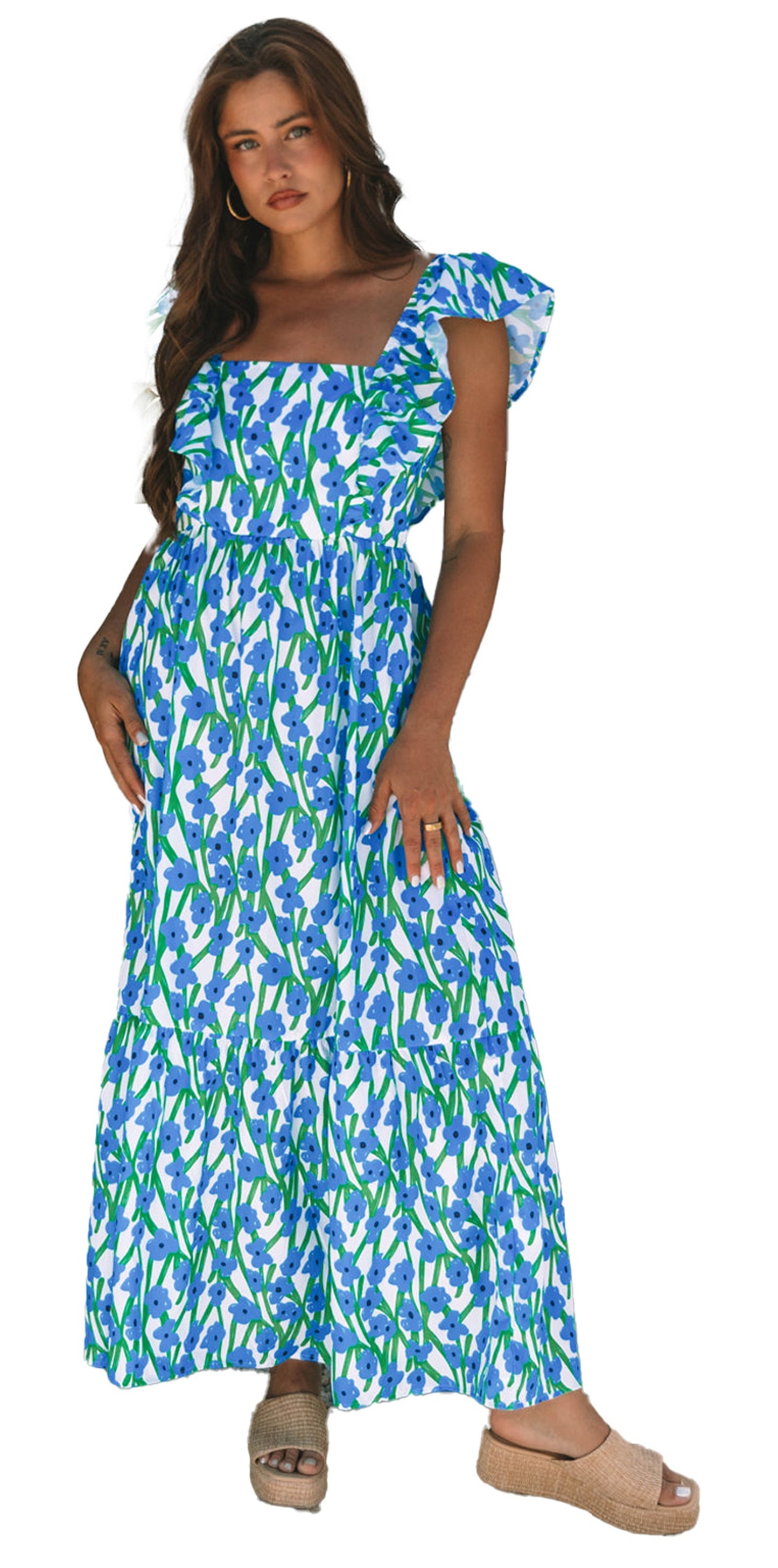 LuckeLadybug pink floral maxi dress shown on model in blue green floral print with ruffle sleeves and square neckline