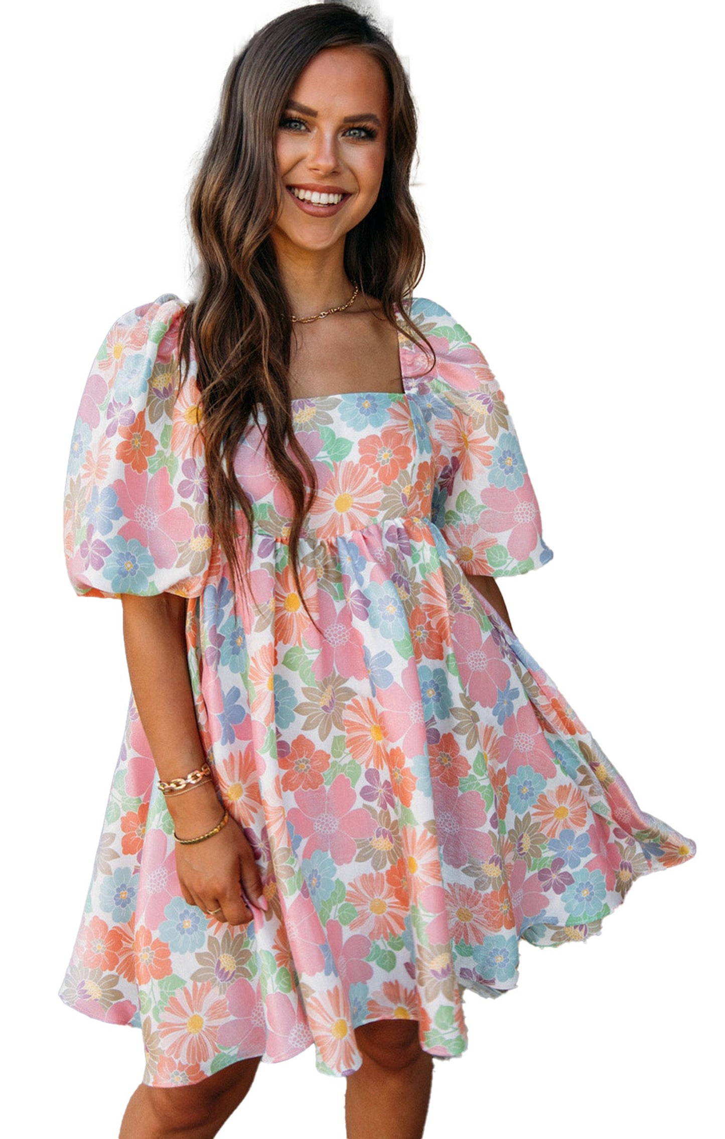LuckeLadybug pink floral babydoll dress with puff sleeves square neckline and flared above knee skirt
