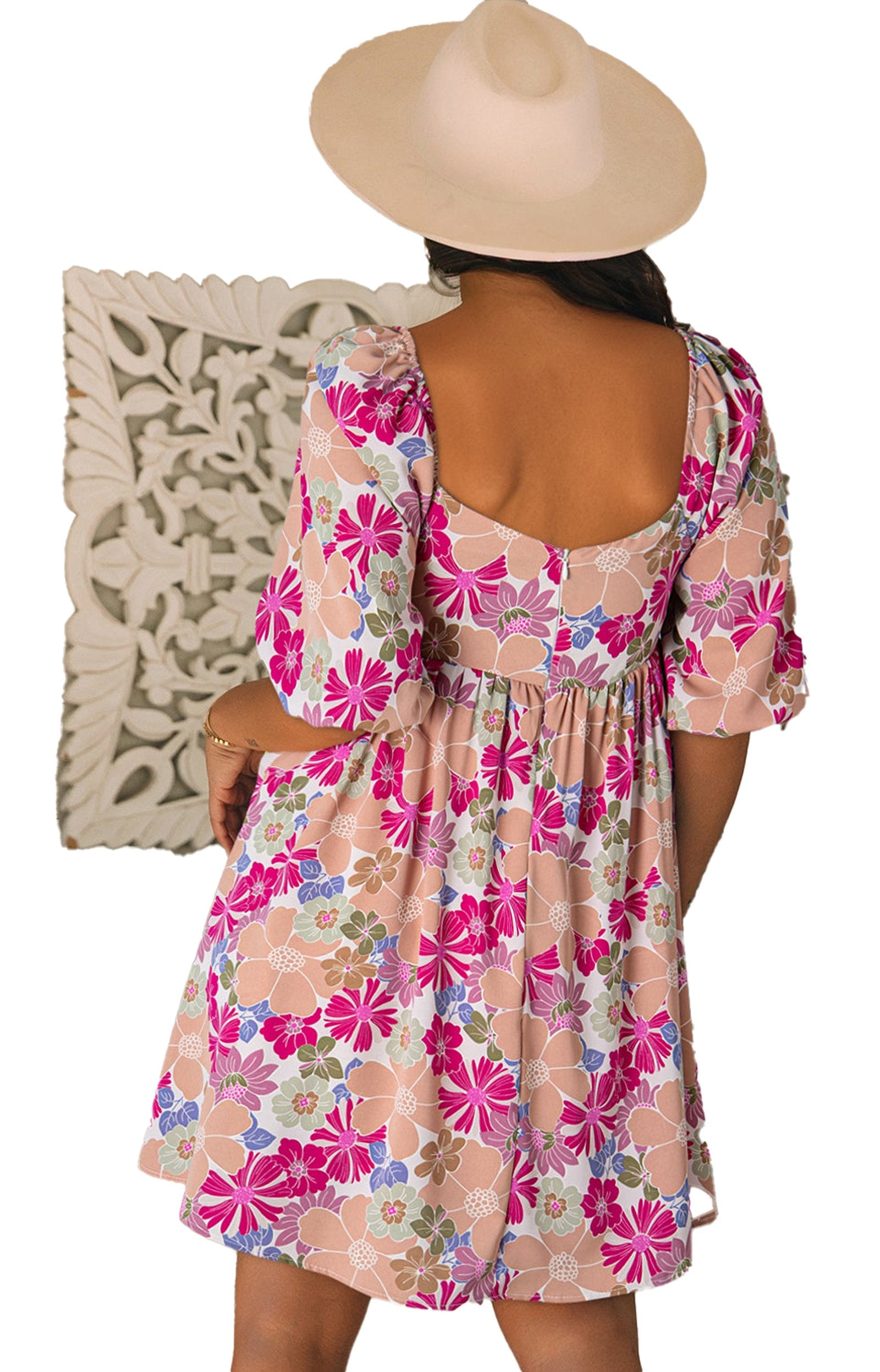 LuckeLadybug pink floral babydoll dress back view with puff sleeves scoop back and wide brim hat