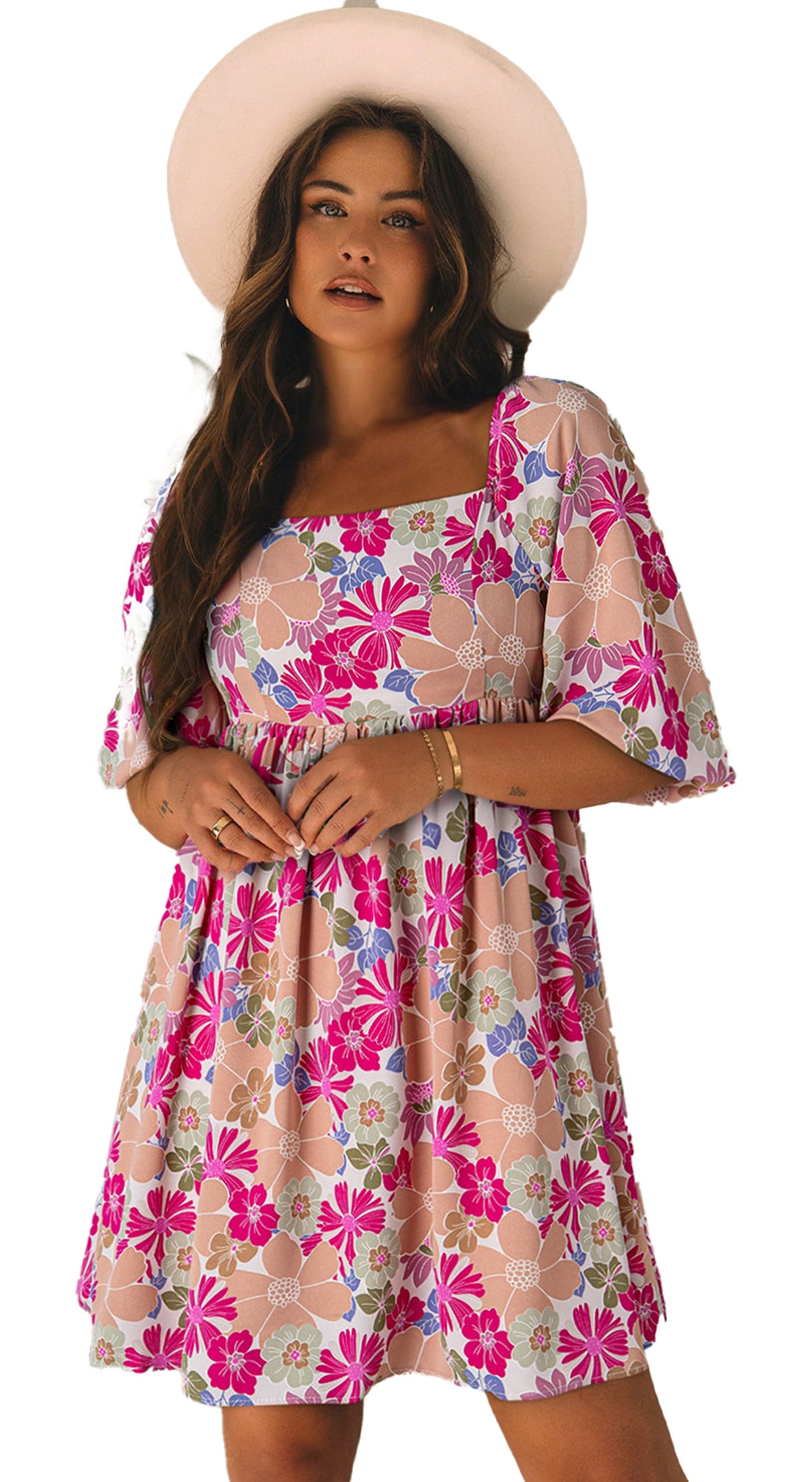 Model wearing LuckeLadybug pink floral babydoll dress with square neckline flutter sleeves and flowy skirt