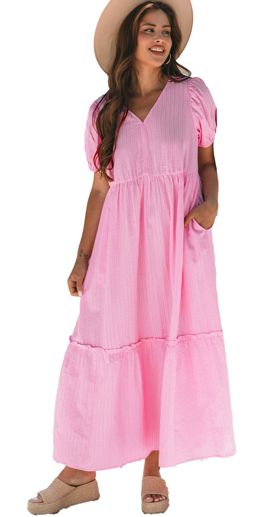 LuckeLadybug A Line pink stripe maxi dress with puff sleeves V neck and side pockets casual summer outfit