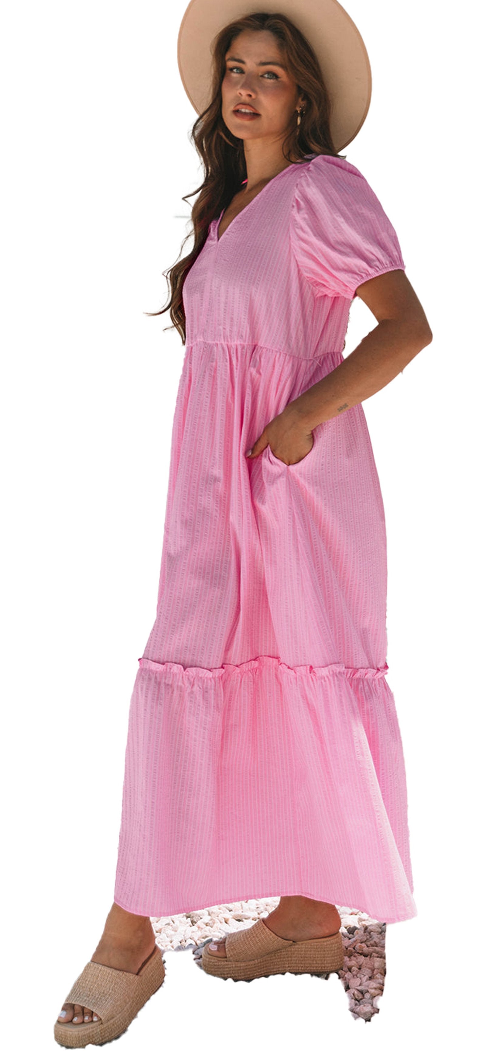 LuckeLadybug A Line pink stripe maxi dress with puff sleeves V neck tiered skirt and side pockets
