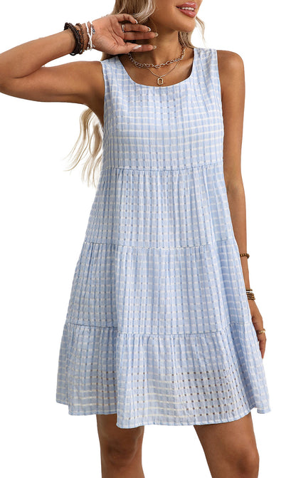 LuckeLadybug A Line light blue plaid mini sundress sleeveless tiered cotton blend casual summer dress