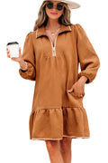 LuckeLadybug desert gold quarter zip mini dress textured fabric long sleeves tiered hem pockets