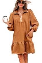LuckeLadybug desert gold quarter zip mini dress textured fabric long sleeves tiered hem pockets