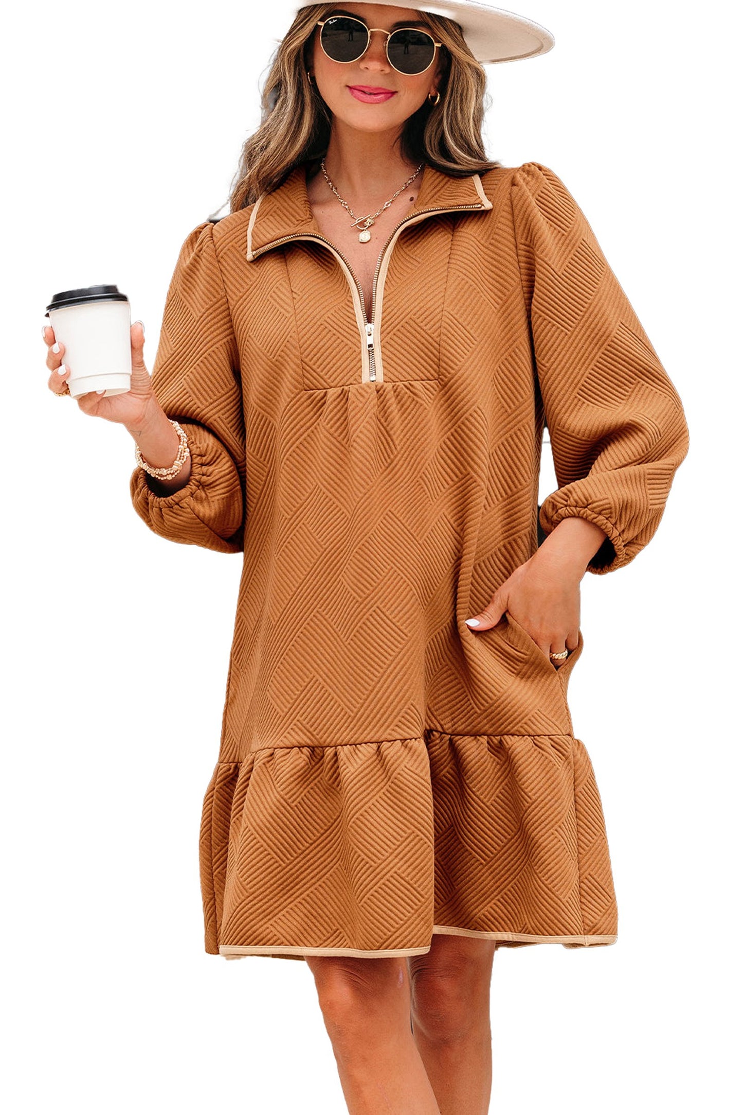 LuckeLadybug desert gold quarter zip mini dress textured fabric long sleeves tiered hem pockets