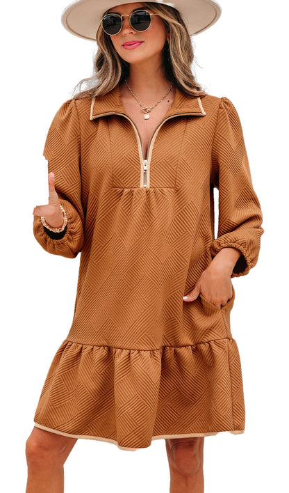LuckeLadybug desert gold quarter zip mini dress textured herringbone fabric long sleeves pockets
