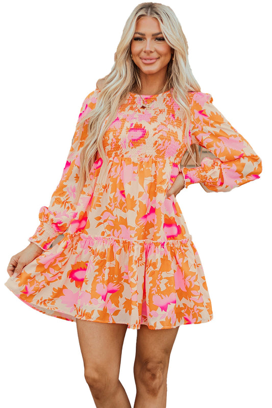 LuckeLadybug orange abstract print mini dress with smocked bodice long sleeves tiered skirt