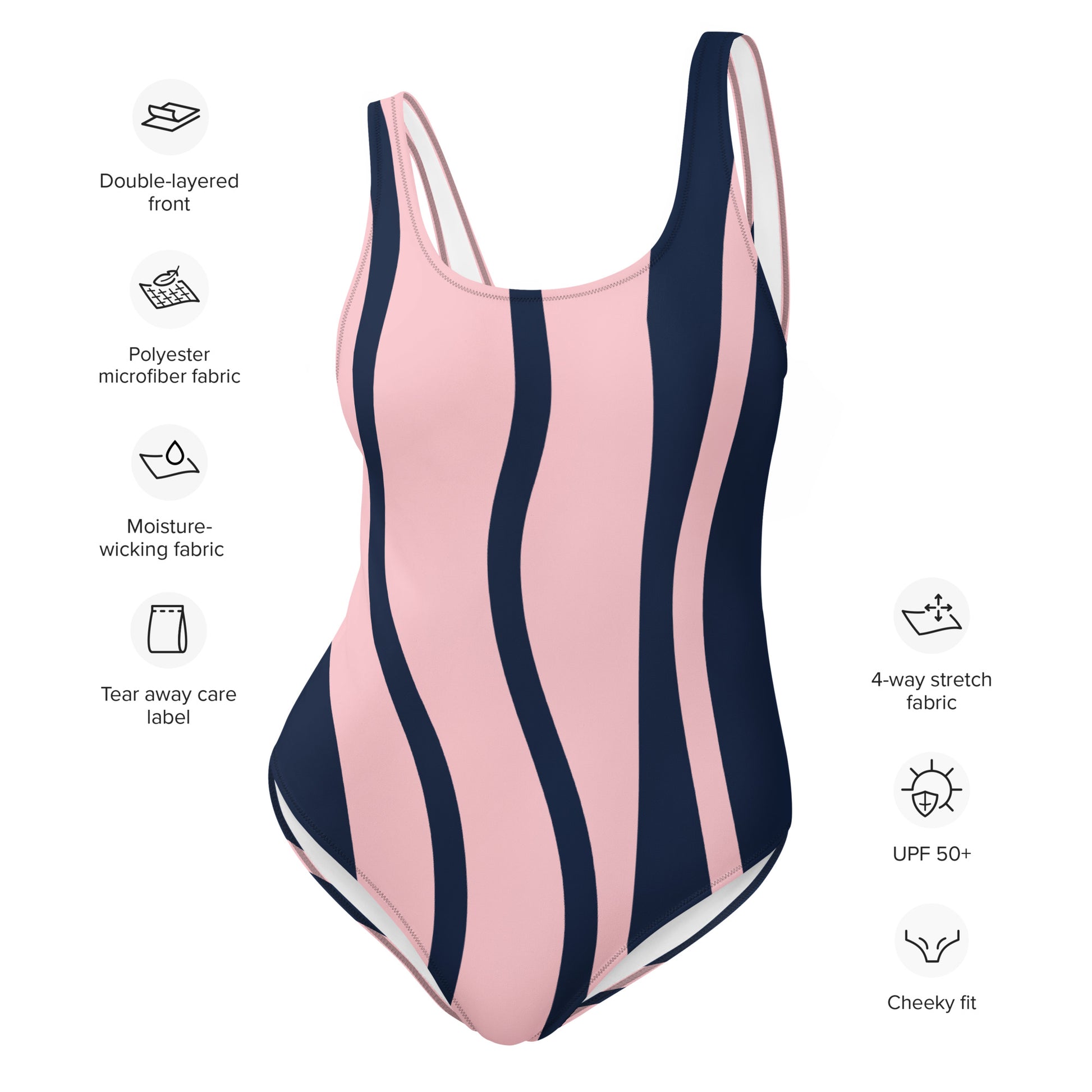 LuckeLadybug elegant one-piece swimsuit for women pink and navy wavy stripe scoop neck full coverage