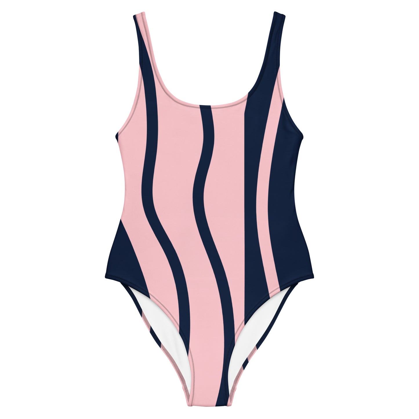 LuckeLadybug elegant one-piece swimsuit for women pink and navy wavy stripe scoop neck swimwear