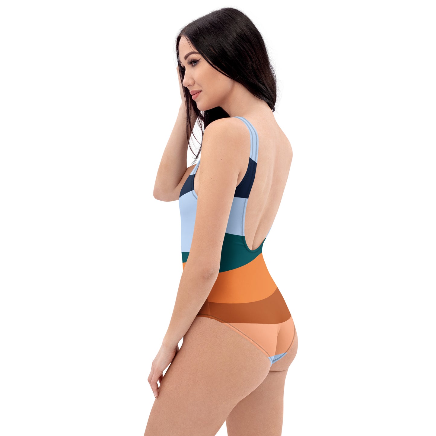 LuckeLadybug elegant striped one-piece swimsuit for women in multicolor horizontal bands with scoop back and wide straps