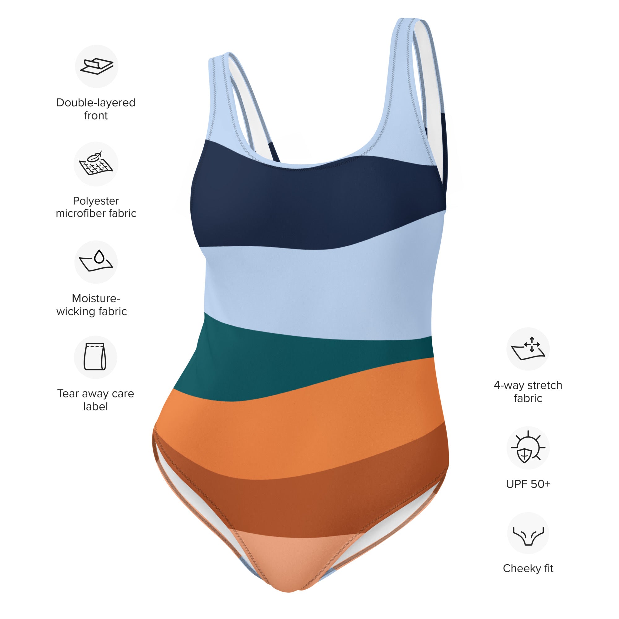 LuckeLadybug elegant striped one-piece swimsuit for women multicolor scoop neck adjustable straps UPF 50 cheeky fit