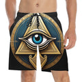 Inkedjoy Eye of Horus mens beach shorts black swim trunks with gold blue allover eye graphic and drawstring