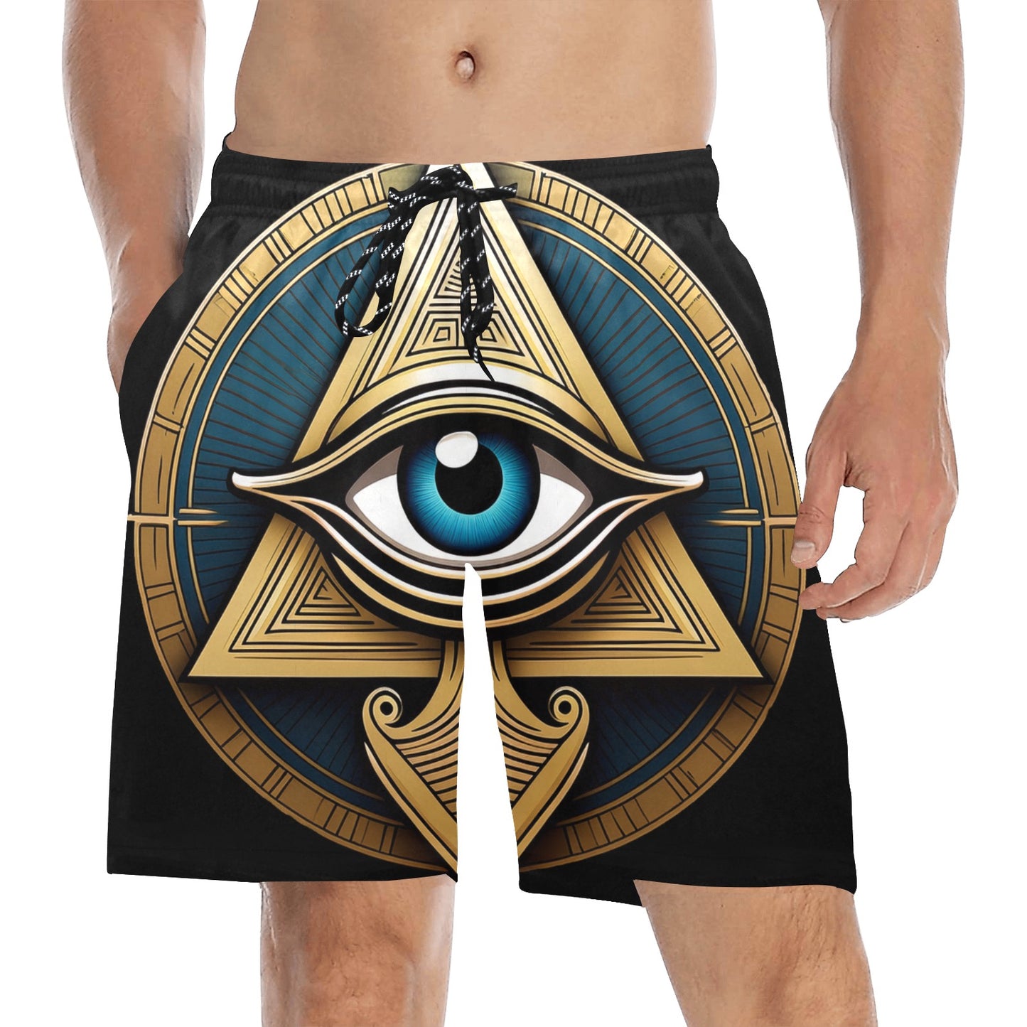 Inkedjoy Eye of Horus mens beach shorts black swim trunks with gold blue allover eye graphic and drawstring