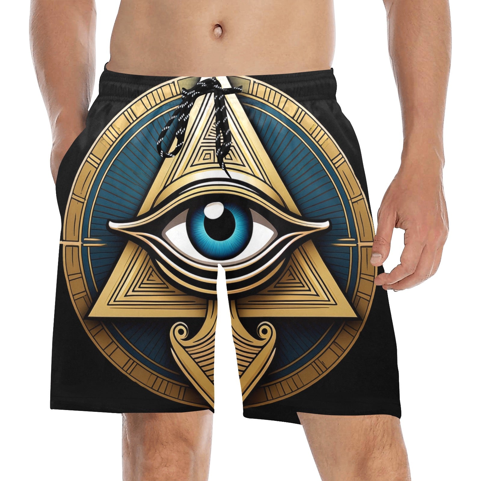Inkedjoy Eye of Horus mens beach shorts black swim trunks with gold blue allover eye graphic and drawstring