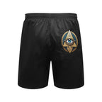 Inkedjoy black beach shorts rear view elastic waistband back pocket with Eye of Horus mens beach shorts print