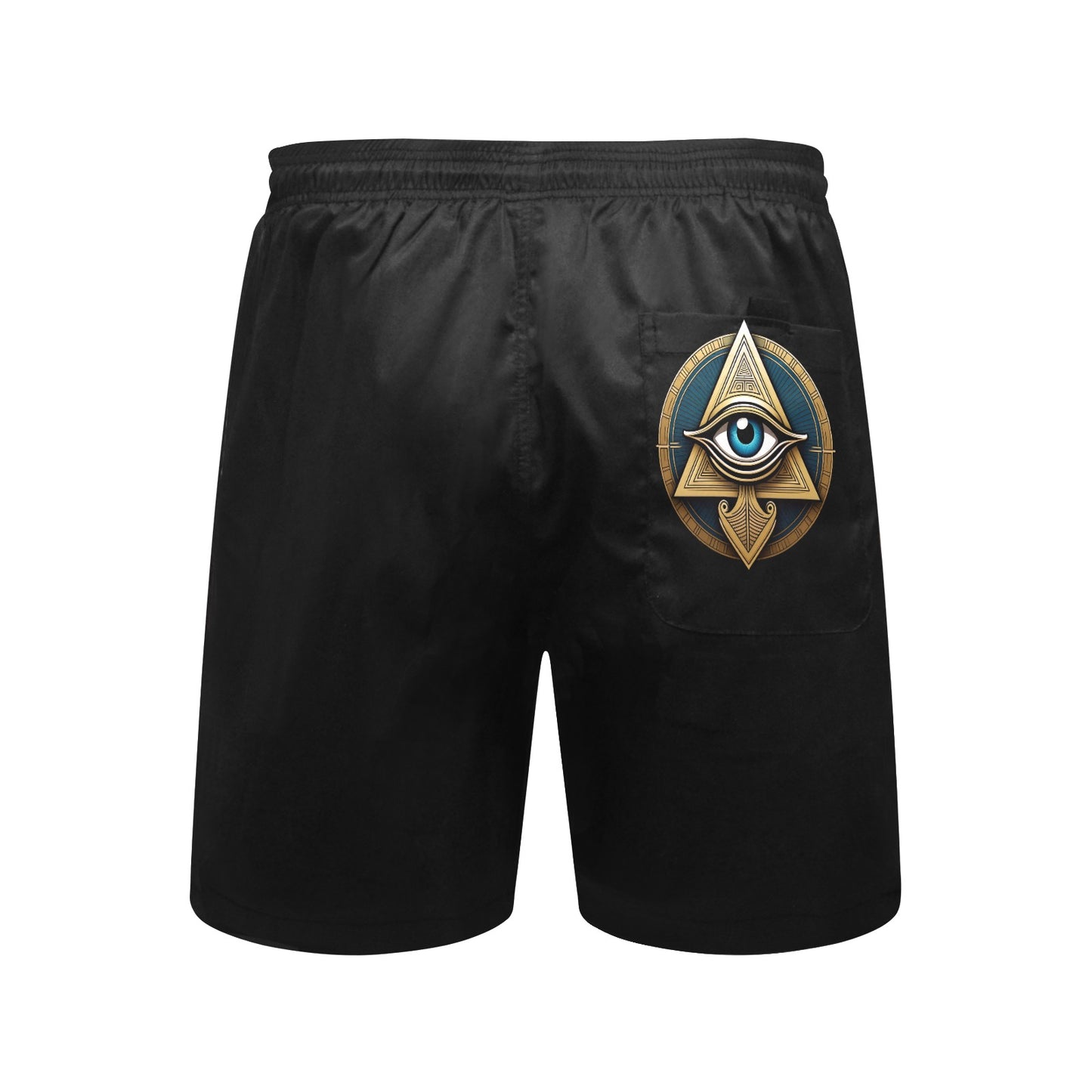 Inkedjoy black beach shorts rear view elastic waistband back pocket with Eye of Horus mens beach shorts print