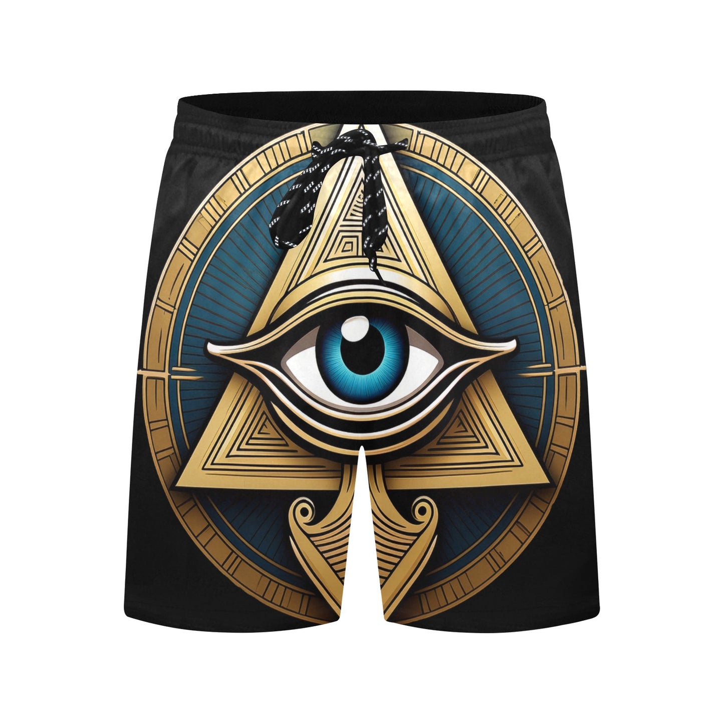 Inkedjoy Eye of Horus mens beach shorts with bold gold triangle and blue all seeing eye design